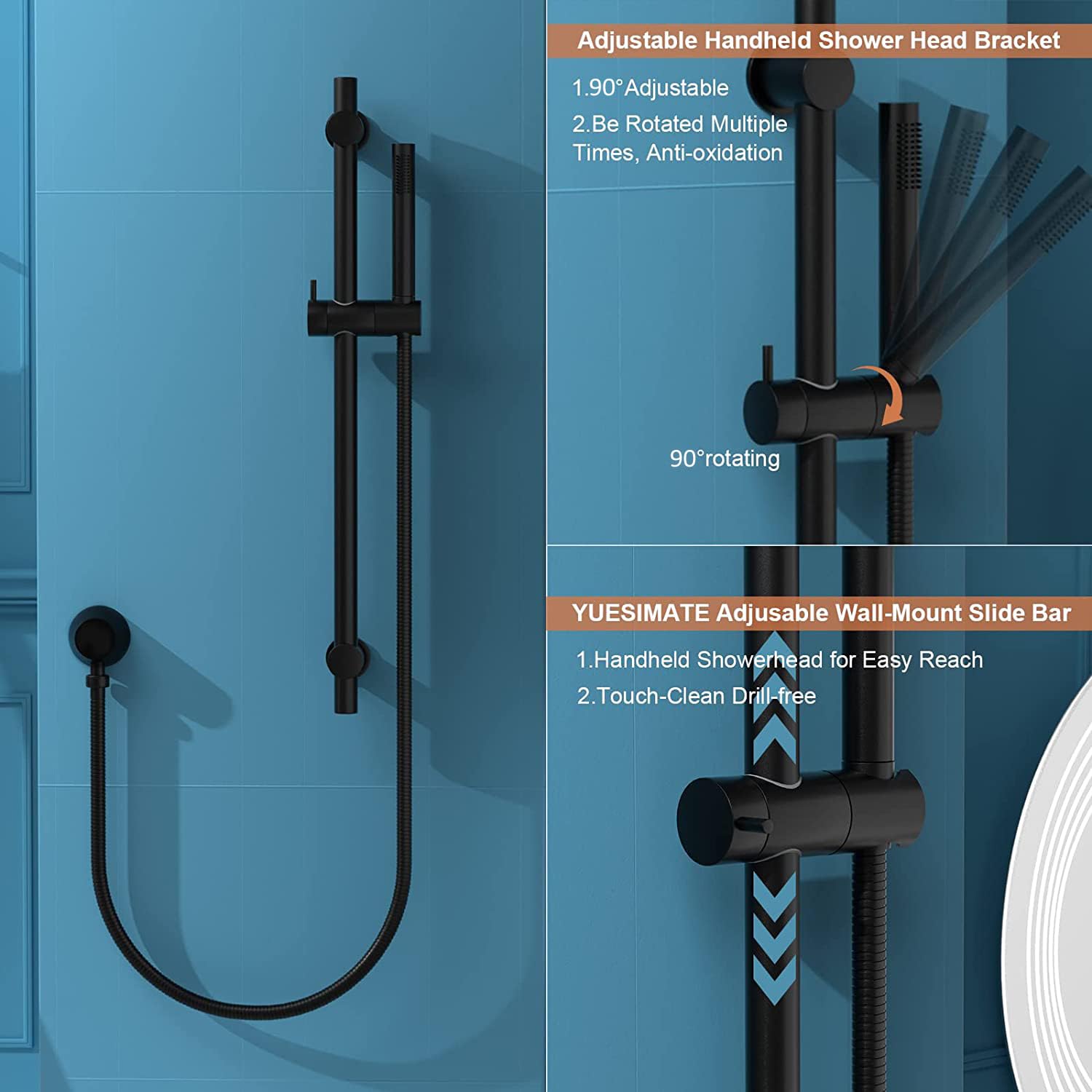 Round Handheld Shower Head with Adjustable Slide Bar - Matte Black Shower Wand with 59.06-Inch Hose - Height Adjustable Shower System for Bathroom, Spa & Relaxation