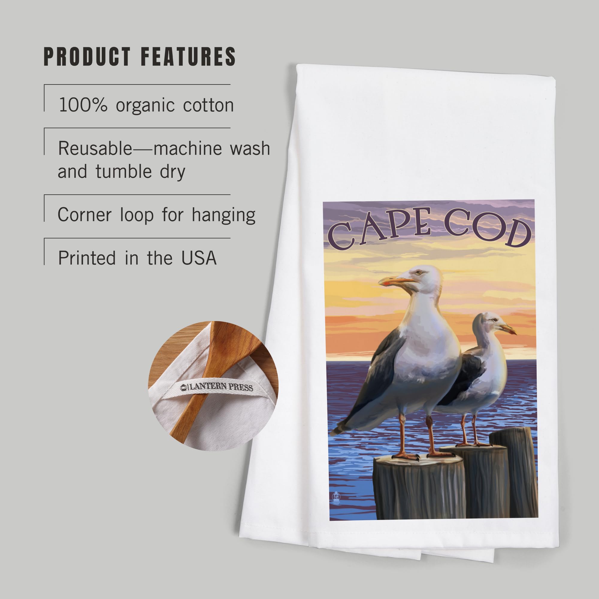 **Lantern Press Cape Cod Massachusetts Seagulls 100% Cotton Tea Towel - Decorative Hand Towel for Kitchen, Bathroom & Home Decor - Perfect for Gifts, Dish Drying & Coastal Themed Decor**