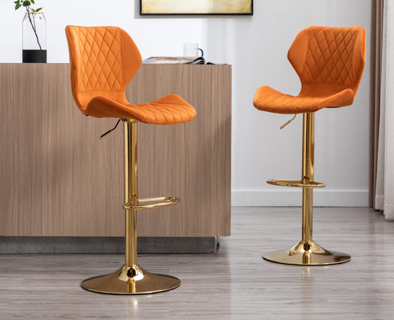 EALSON Set of 4 Velvet Swivel Bar Stools with Backrest & Gold Base - Adjustable Counter Height Kitchen Island Stools for Home Bar, Dining Room & Breakfast Nook - Modern Orange Bar Chairs for Entertaining & Casual Dining