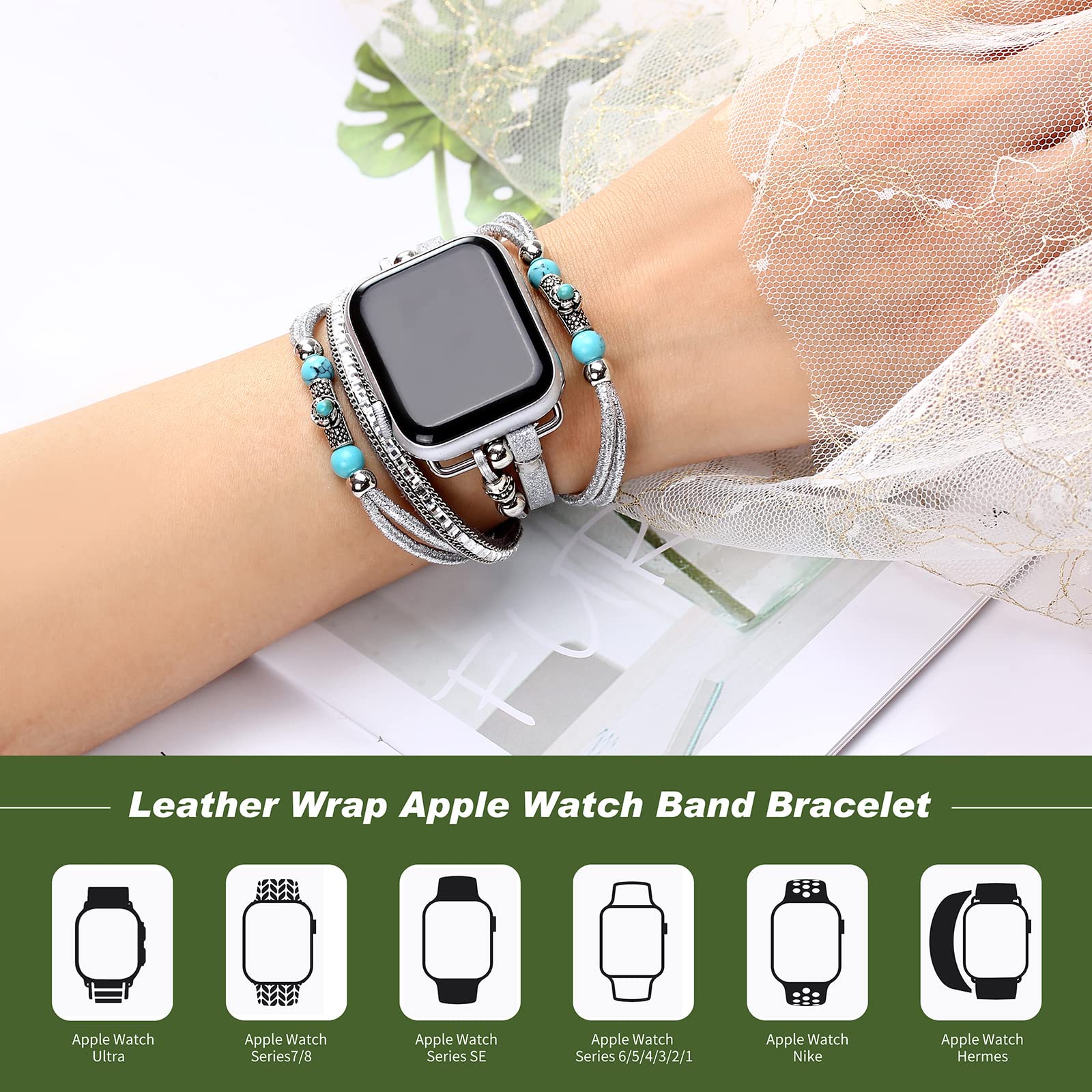 Boho Leather Apple Watch Band for Women & Men - Compatible with Series 10/9/8/7/6/SE/Ultra 2/5/4/3/2/1 (38mm-49mm) | Multilayer Wrap Bracelet Strap for Dressy & Casual Style | Perfect for Work, Travel & Everyday Wear