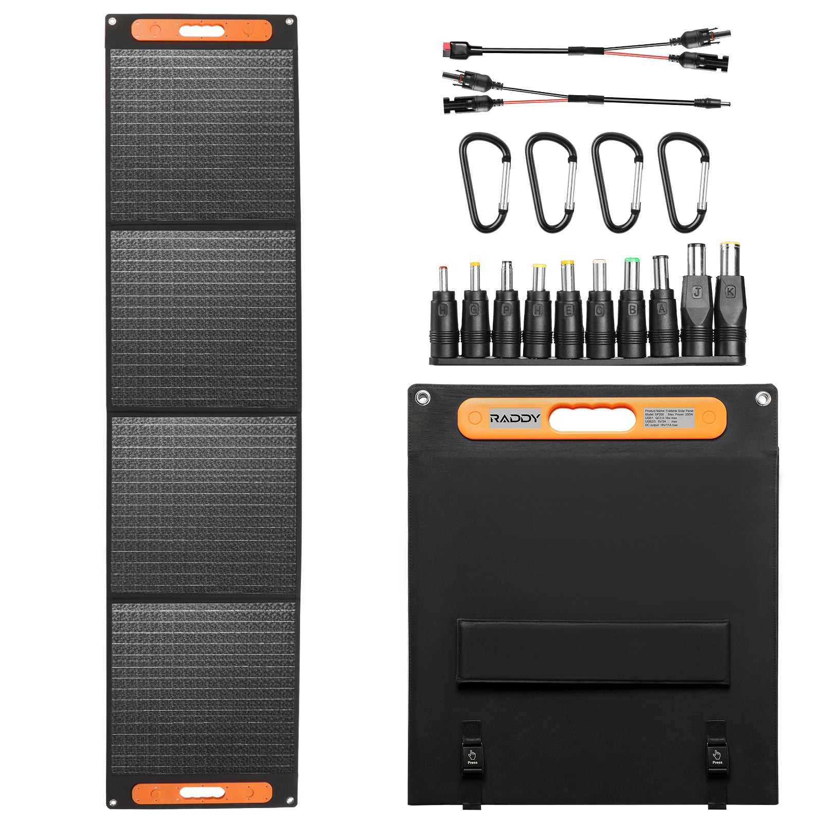 Raddy SP200 200W Foldable Solar Panel - IP67 Waterproof, USB/QC/MC4 Output, Adjustable Stand - Perfect for Camping, RV Trips & Emergency Power Supply