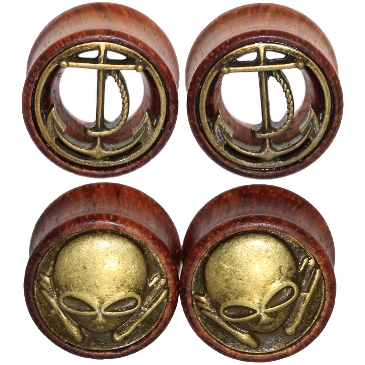 2 Pairs Alien Skull & Anchor Wood Double Flare Ear Stretcher Plugs (8-20mm) - Unique Body Jewelry for Punk, Gothic & Alternative Fashion Styles - Perfect for Ear Stretching & Bold Fashion Statements