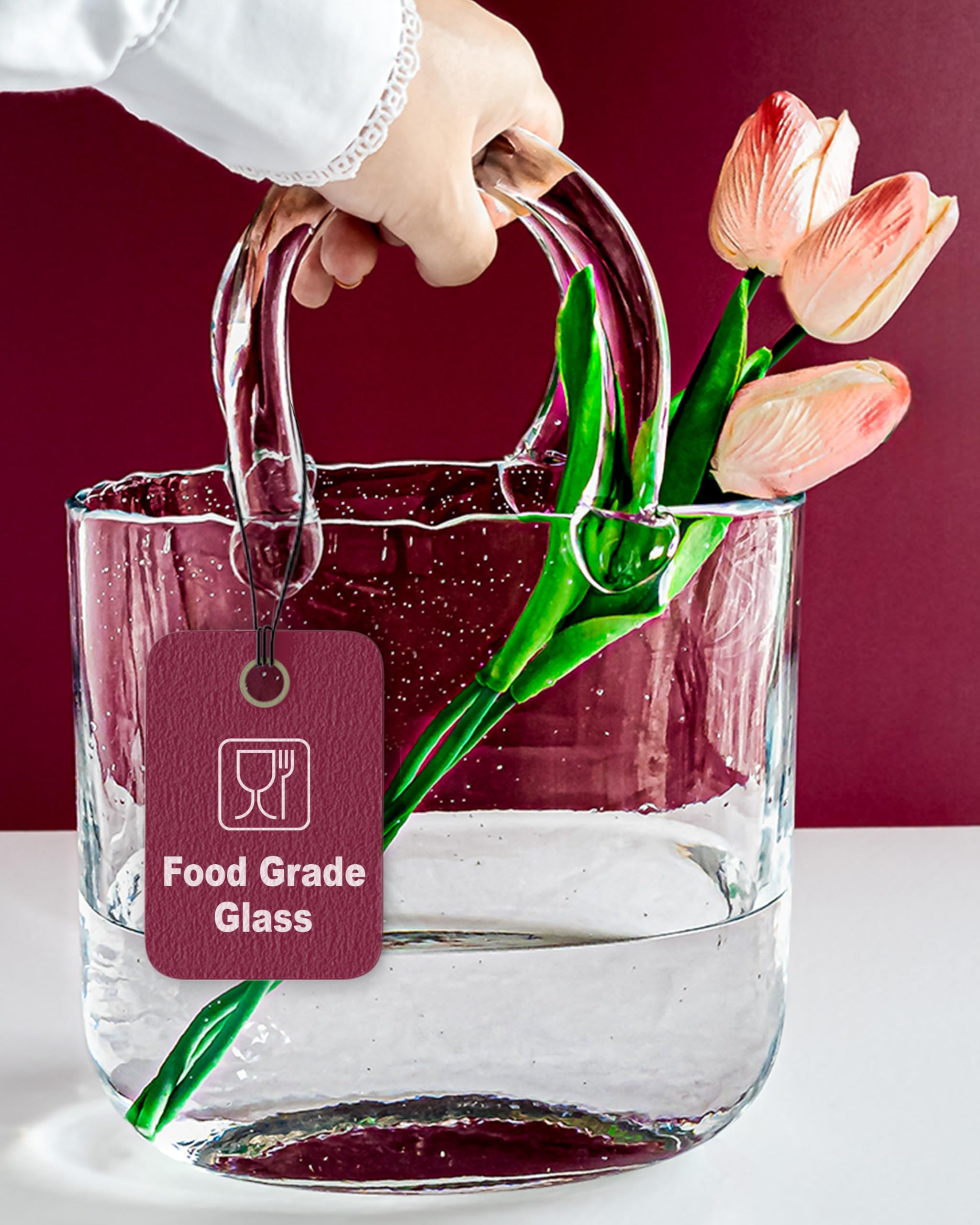 OLEEK Handmade Clear Glass Purse Vase - Elegant Flower Vase & Fish Bowl for Home Decor, Wedding Centerpieces, and Party Drinks - Unique Glass Handbag Vase for Flowers and Tabletop Decor