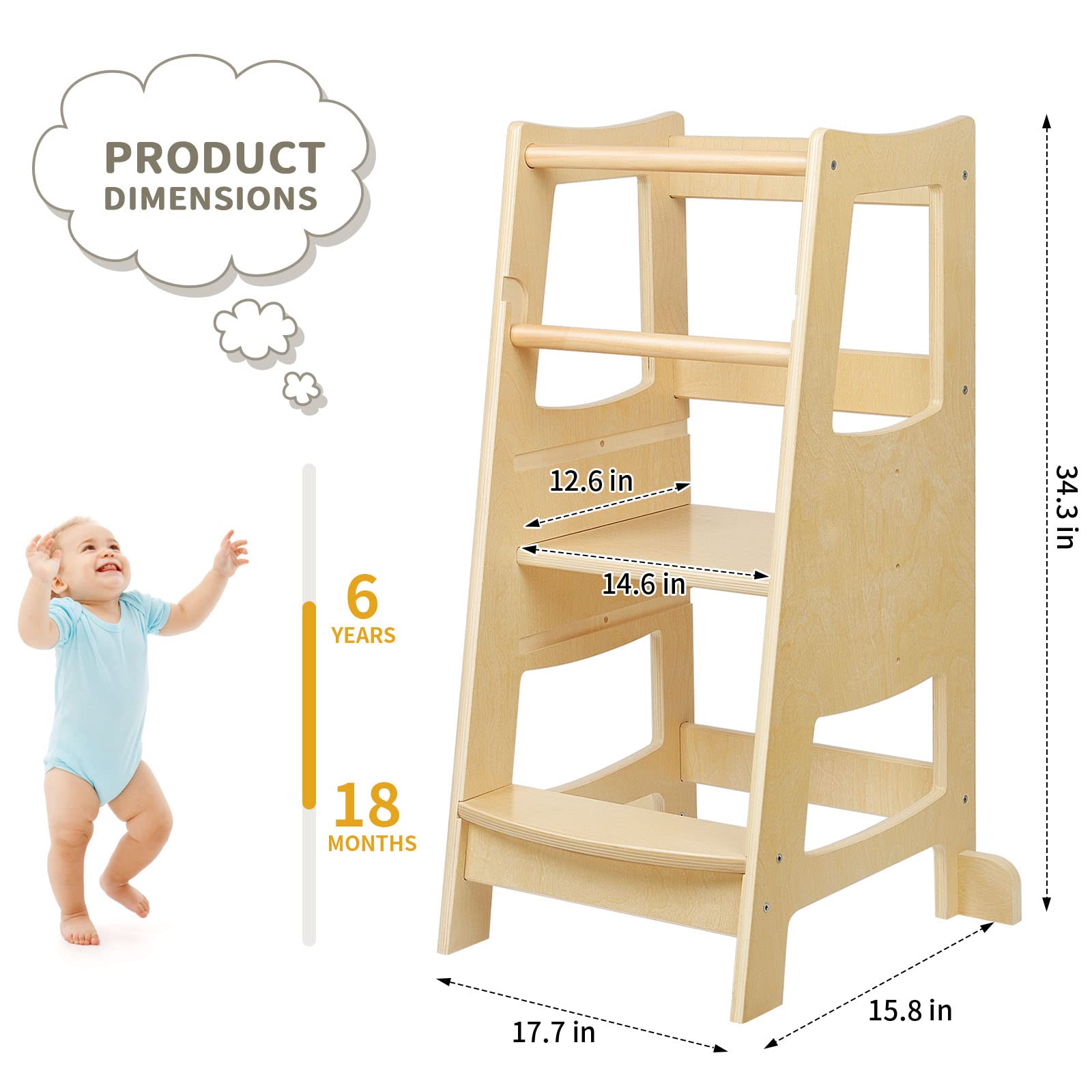 **Adjustable Wooden Toddler Step Stool with Safety Rail - 3 Height Levels for Kitchen, Bathroom & Counter - Safe Kids Step Stool Helper for Learning & Independence**    *(Use Scenes: Perfect for toddlers to safely reach sinks, countertops, or participate in cooking, brushing teeth, and other daily activities.)*