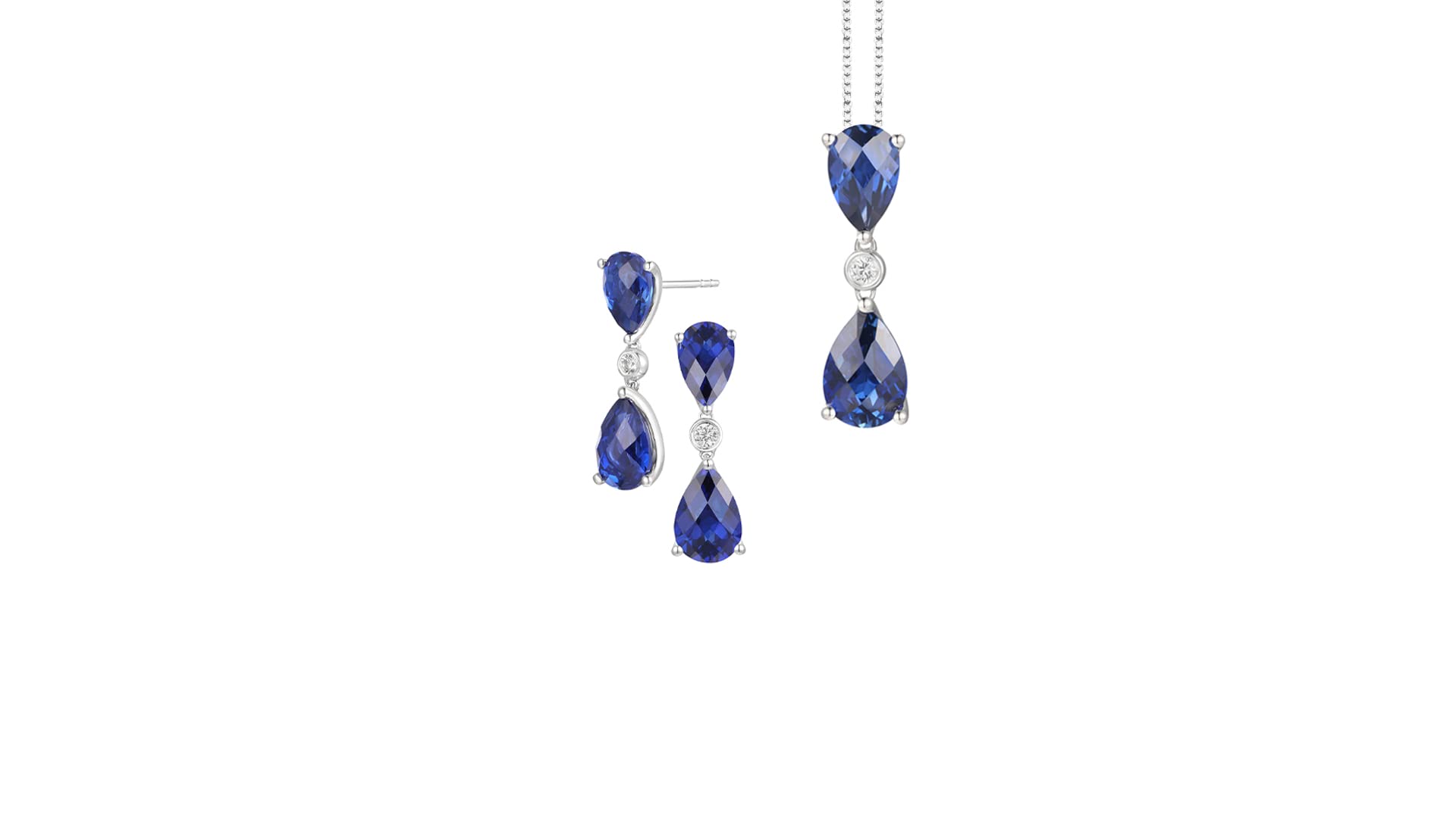 Lab-Created Blue Sapphire & White Sapphire Pear Drop Pendant & Earrings Set - Sterling Silver 18