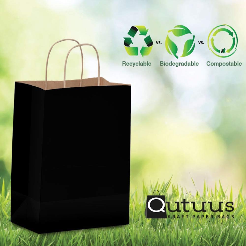 Qutuus 100-Pack Black Kraft Paper Gift Bags with Handles - 8x4.5x10 Inch Bulk Shopping Bags for Retail, Parties, Favors & Business | Eco-Friendly Merchandise Packaging for Stores, Weddings & Events