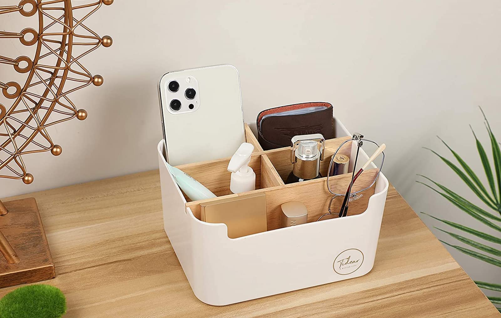 Wooden Desktop Storage Organizer with Adjustable 5 Compartment Dividers - Office Desk Organizer, Home Decoration Box for Stationery, Makeup & Jewelry Storage