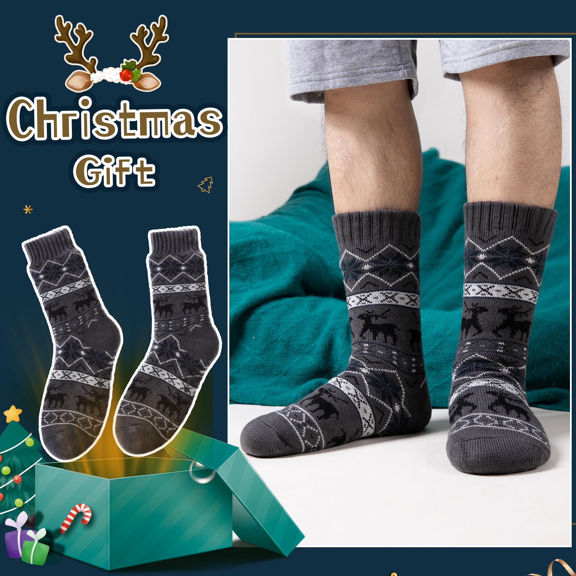 Men's Fleece Lined Thick Winter Slipper Socks - Cozy Non-Slip Fuzzy Home & Sleeping Socks for Cold Weather - Perfect for Indoor Comfort, Lounging and Relaxation at Home