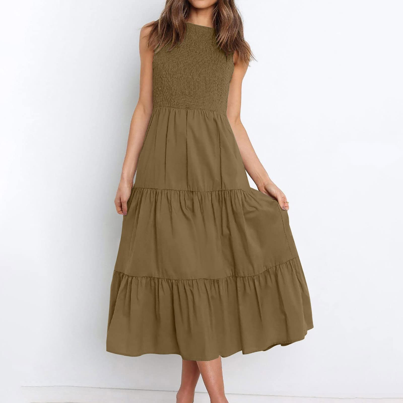 Yellcn Women's Summer Casual Flutter Short Sleeve Crew Neck Smocked Elastic Waist A-Line Dress - Army Green XX-Large | Perfect for Beach Vacations, Brunch Dates & Summer Outings