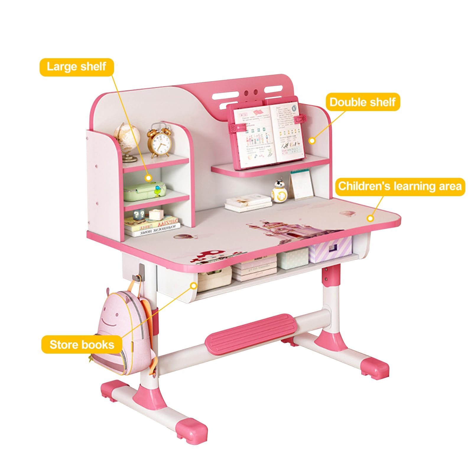 2Pcs Adjustable Height Kids Study Desk and Chair Set with Astronaut Design & Storage Drawer - Ergonomic Children's Furniture for Homework, Drawing & Play (Pink) - Perfect for Bedroom, Study Room & Homeschooling