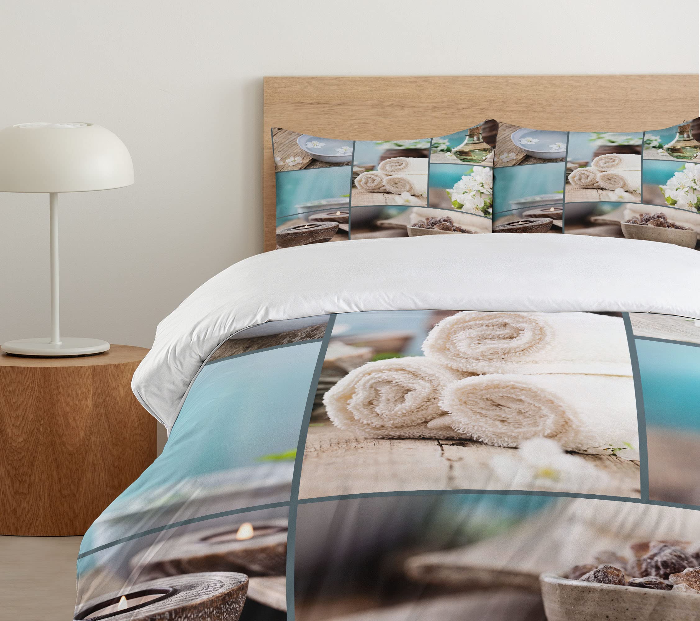 Ambesonne Spa Duvet Cover Set 3-Piece Queen Size - Far East Massage Theme with Oils, Candles & Flowers Print - Blue and White Decorative Bedding Set with 2 Pillow Shams | Perfect for Relaxing Spa Nights, Asian-Inspired Bedroom Decor & Gift Ideas