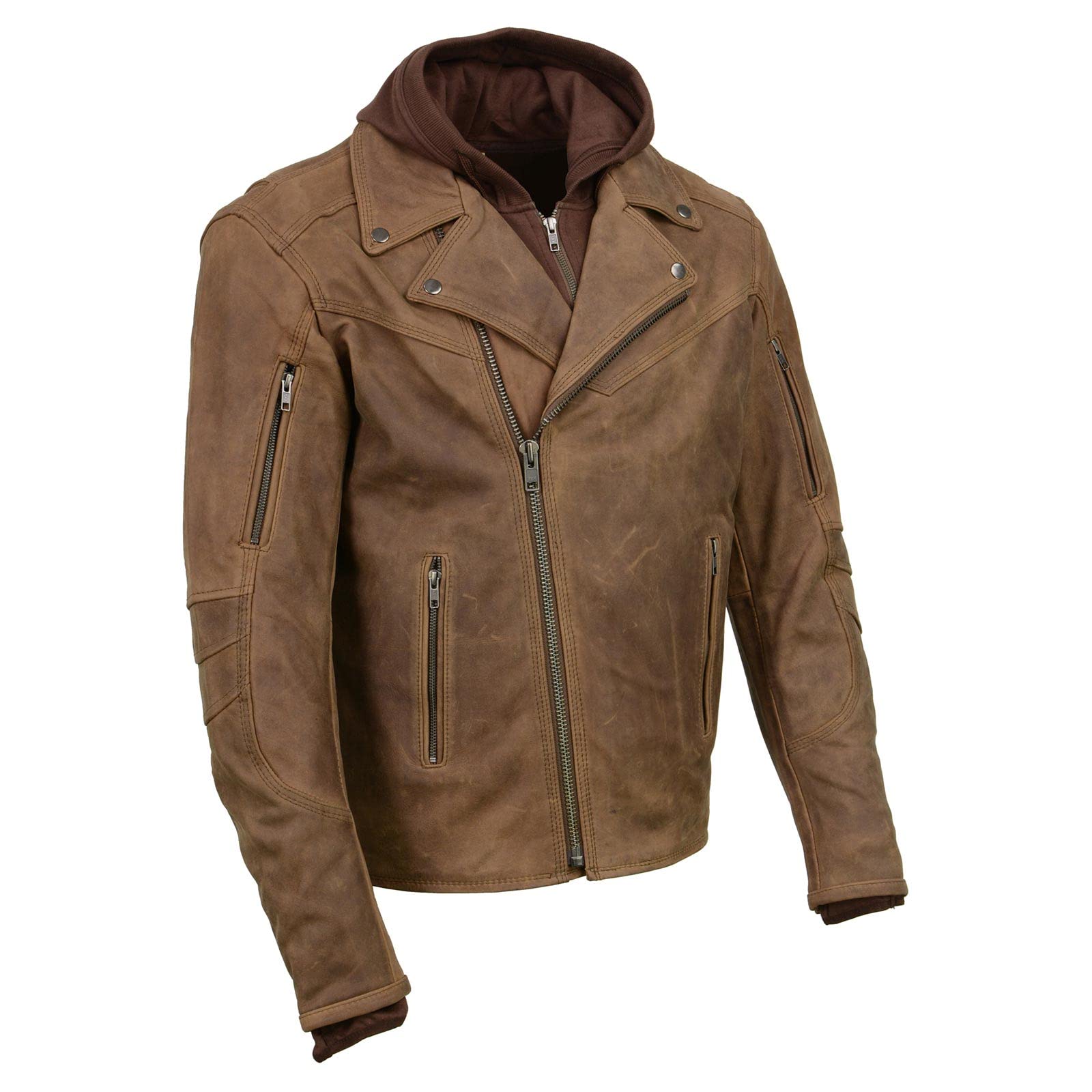 Milwaukee Leather MLM1511 Men's Vintage Brown Leather Jacket with Removable Hood - Distressed Crazy Horse Style for Motorcycle Riders & Outdoor Adventures