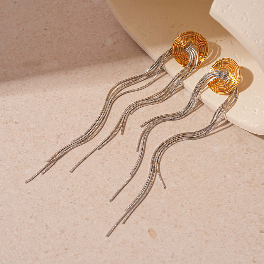 Vintage 2-Tone Metallic Spiral Tassel Long Chain Earrings for Women | HE22452 | Boho Chic Jewelry for Parties, Weddings & Date Nights
