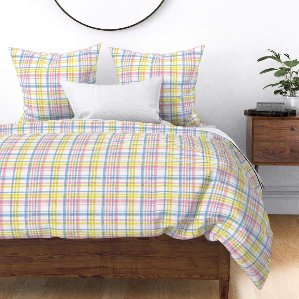 Easter Watercolor Plaid Pink Cotton Sateen Duvet Cover Twin Size | Trendy Pastel Spring Rainbow Print | Custom Nursery Bedding for Baby Room Decor & Cozy Sleep