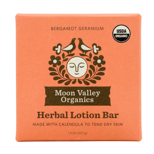 Moon Valley Organics Herbal Lotion Bar - Bergamot Geranium Scent | Natural Beeswax with Calendula & Comfrey | Heals & Restores Chapped Skin | Soothing Moon Melt Bar for Dry Hands, Cuticles & Elbows | Perfect for Travel, Office & Winter Skin Care