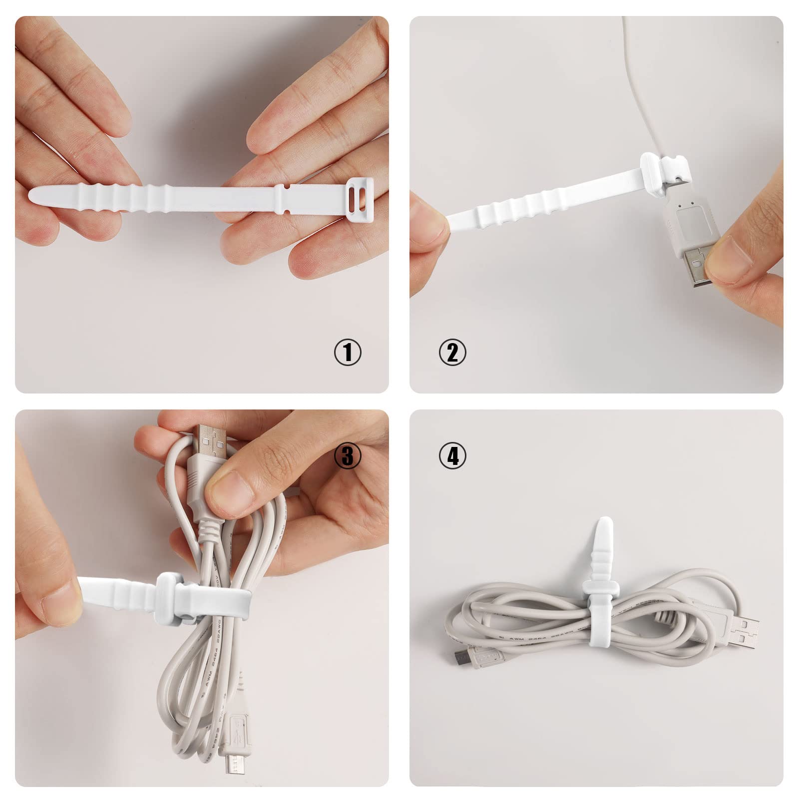 SAVITA 20pcs Reusable Silicone Cable Ties - 4.5inch Elastic Wire Organizer Straps for Charging Cables, USB Wires, Earphones, Pens & Keychains (White) | Perfect for Home Office, Travel & Electronics Organization