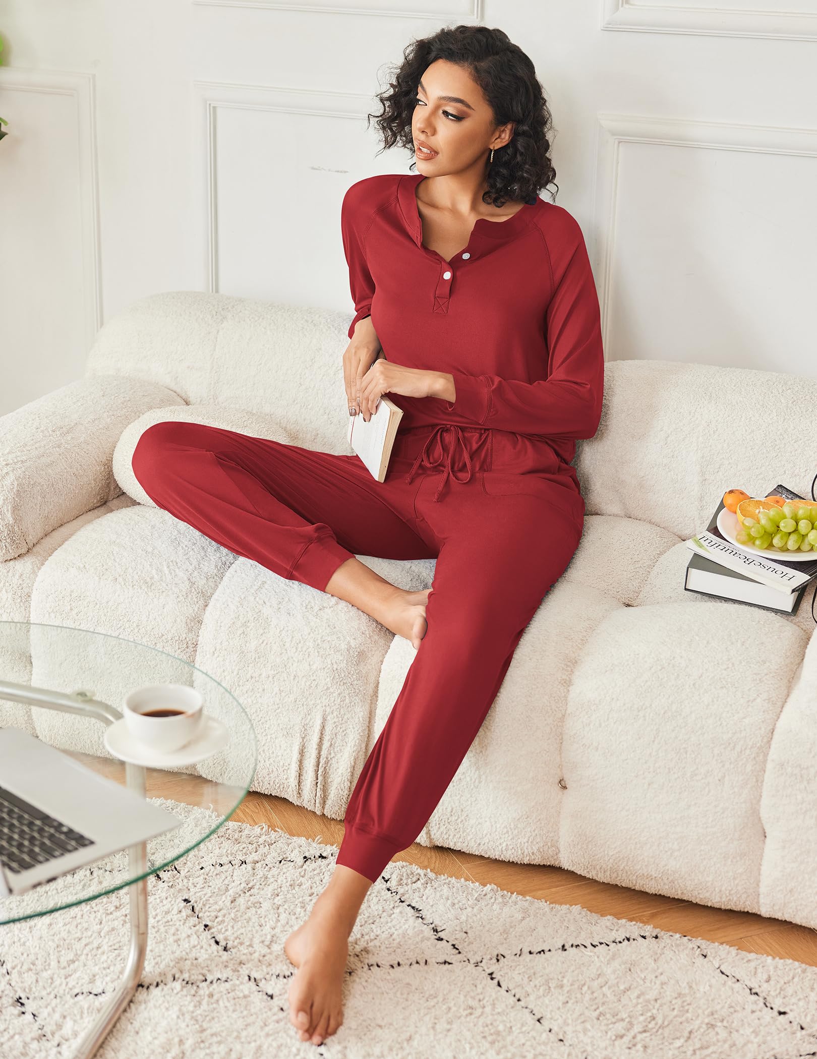 Ekouaer Women's Long Sleeve Pajama Set - Soft 2-Piece Jogger Lounge Wear with Pockets (S-XXL) | Cozy Sleepwear & Comfortable Loungewear for Relaxing at Home, Travel, and Nighttime Comfort