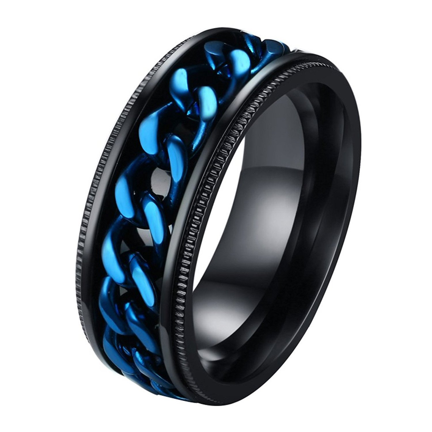 8mm Stainless Steel Spinner Ring for Men - Black & Blue Wedding Band with Grooved Edge - Perfect for Gifts, Engagements, and Everyday Wear