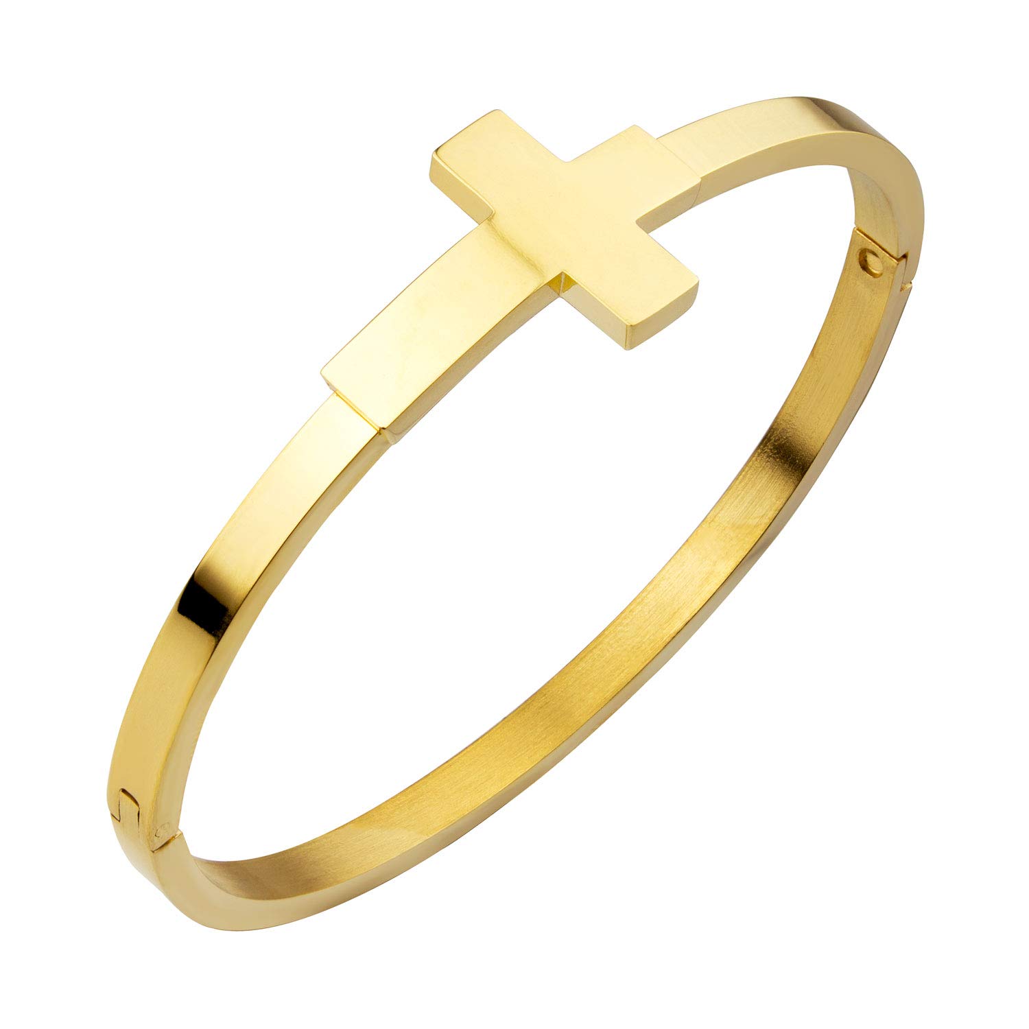 555Jewelry Stainless Steel Sideways Cross Cuff Bangle Bracelet for Women - Hypoallergenic Hinge Lock Design - Elegant Religious Jewelry for Everyday Wear & Special Occasions