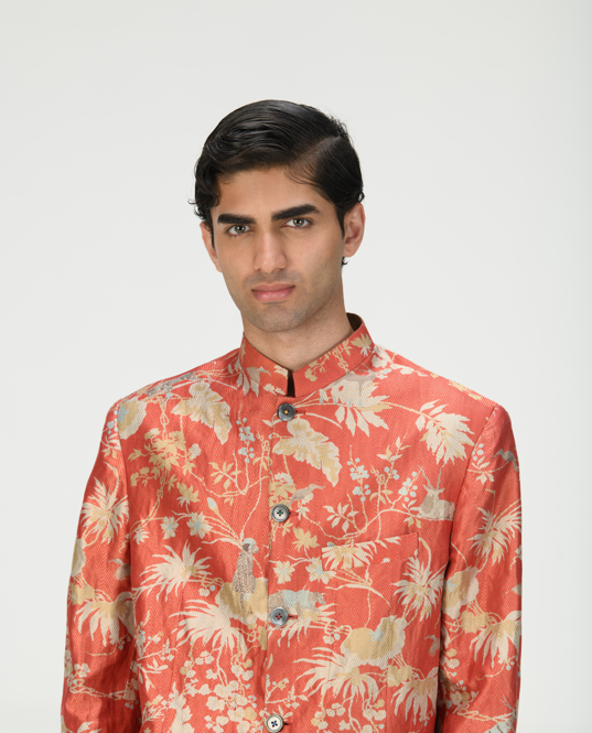 Bandhgala Silk Brocade Jacket - Red Zig Zag Pattern for Men | Indian Wedding Attire & Formal Occasions