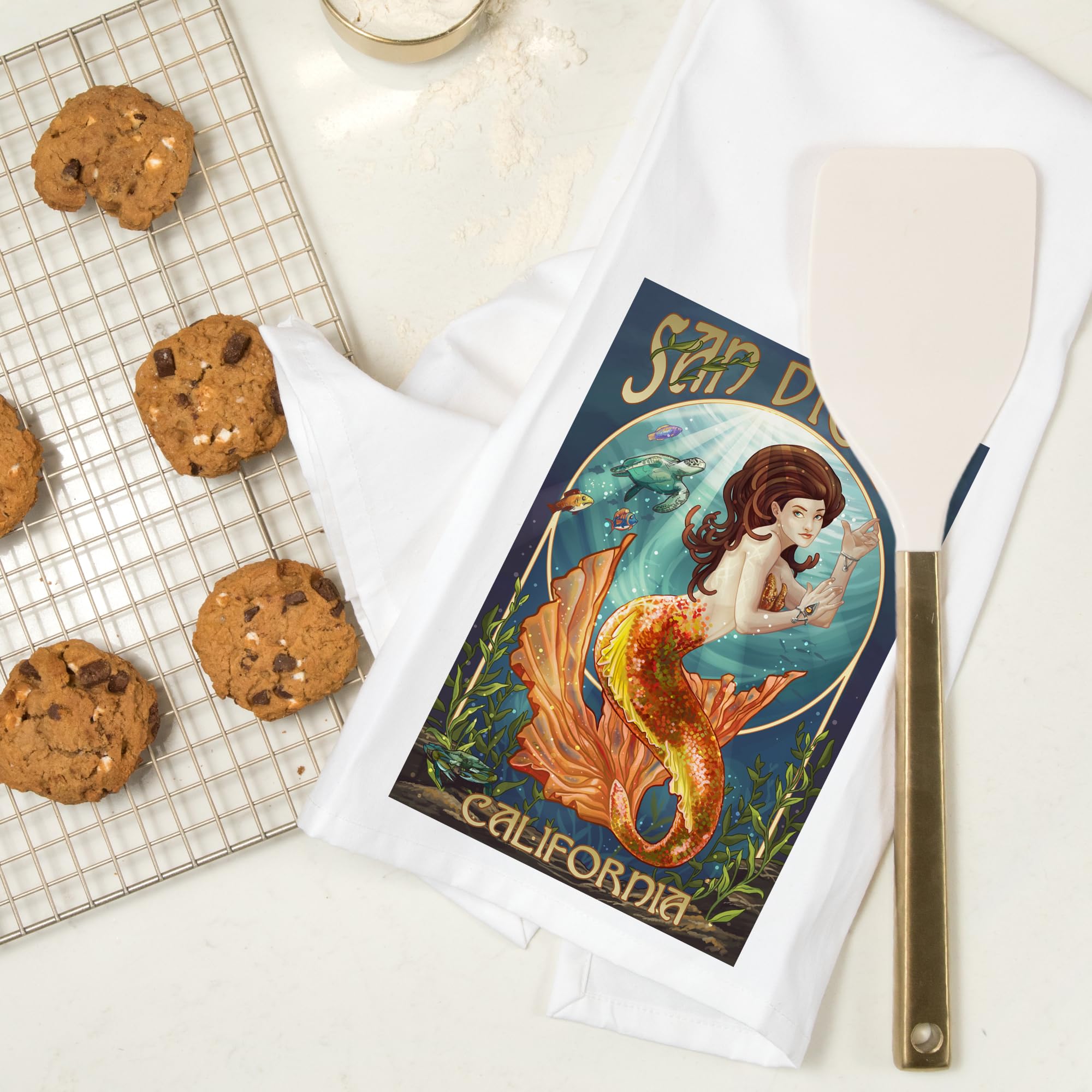 Lantern Press San Diego California Mermaid Tea Towel - 100% Cotton Decorative Hand Towel for Kitchen & Home Decor - Perfect for Dish Drying, Gift Giving & Coastal Themed Spaces
