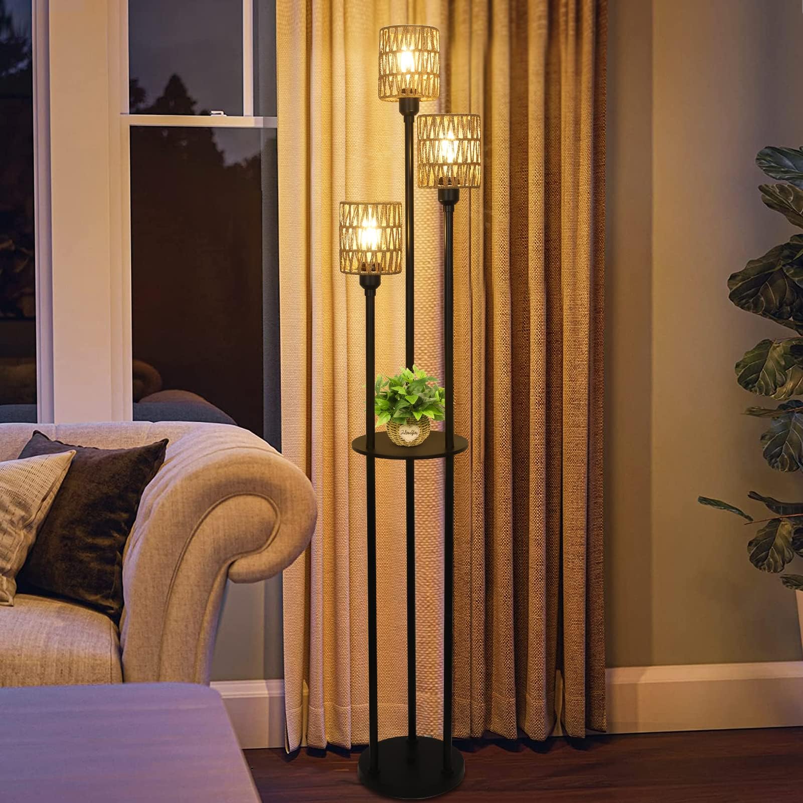 Boho 3-Light Rattan Floor Lamp with Shelves & Table - Rustic Farmhouse Standing Lamp with ON/Off Foot Switch & Rattan Shades - Tall Corner Lamp for Living Room, Bedroom, Office - Perfect for Reading Nook, Cozy Spaces & Farmhouse Decor