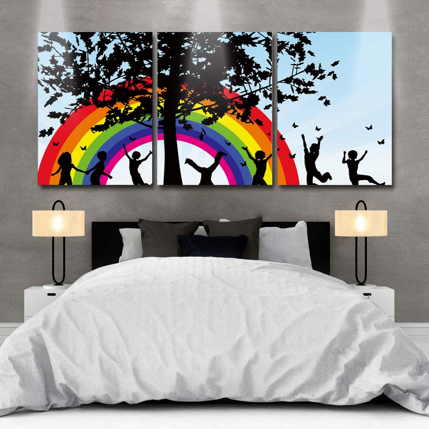 Children Playing Under Tree Rainbow Canvas Wall Art - Set of 3 Framed Giclee Prints 16x24 Inch - Nursery, Bedroom, Living Room Decor for Kids & Family Spaces