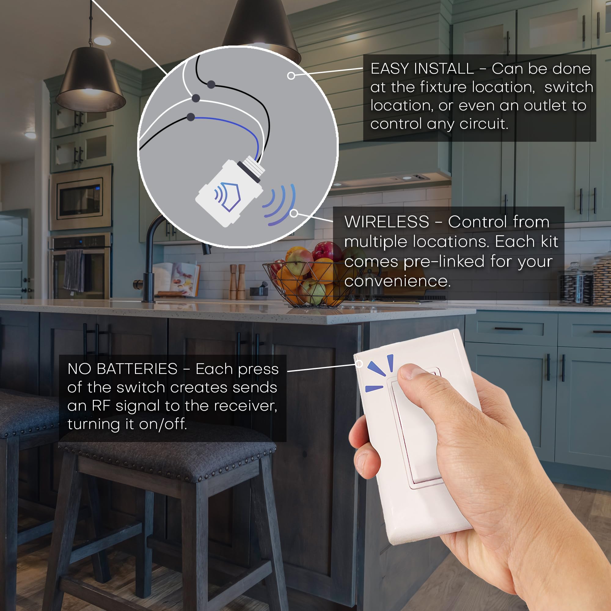 RunLessWire Single Pole Remote Light Switch Kit - Wireless, Battery-Free, Self-Powered Kinetic DIY Wall Switch with 150ft RF Range - Includes 1 On/Off Receiver & 1 Switch - Brown - Perfect for Bedrooms, Living Rooms, and Home Automation