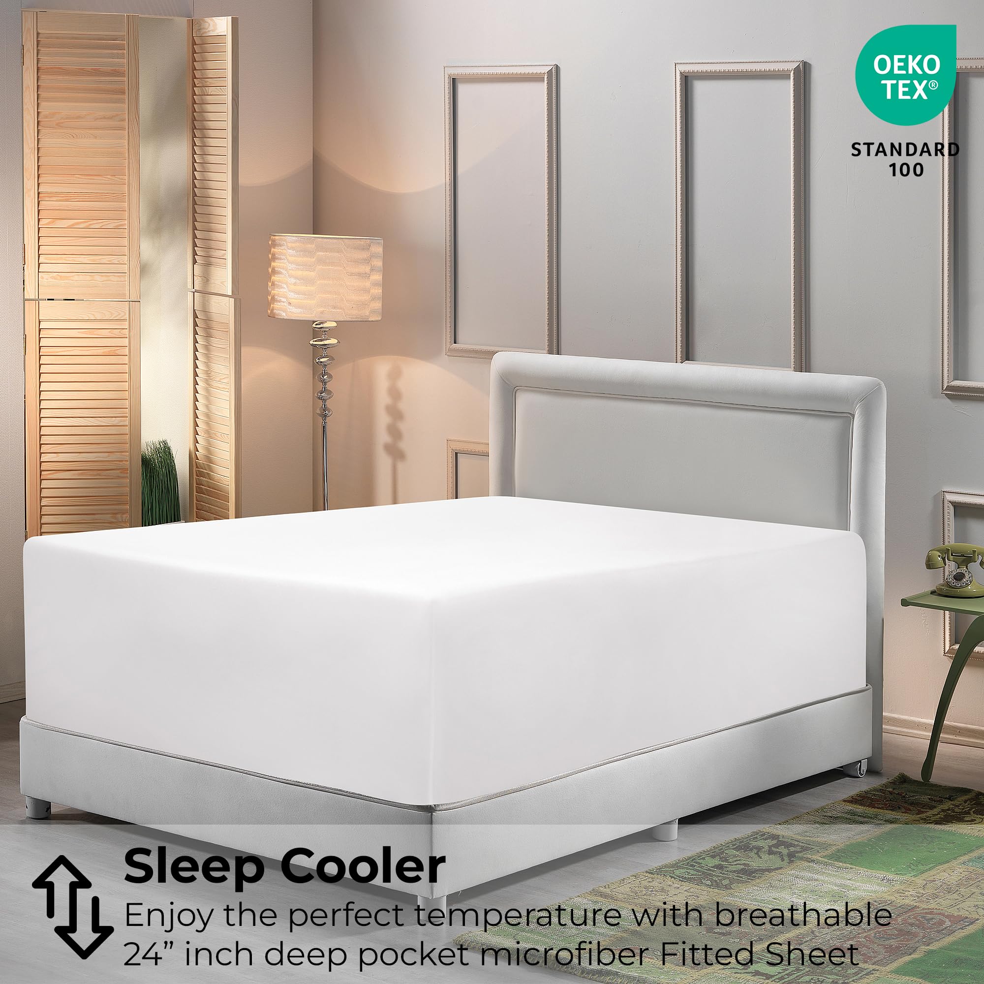 Royale Linens Queen Size Deep Pocket Fitted Sheet - 60x80 Inches White Elastic Bed Sheet for 18-24 Inch Mattress - Soft Breathable Cotton Blend - Perfect for Guest Rooms, Dorms & Luxury Hotels