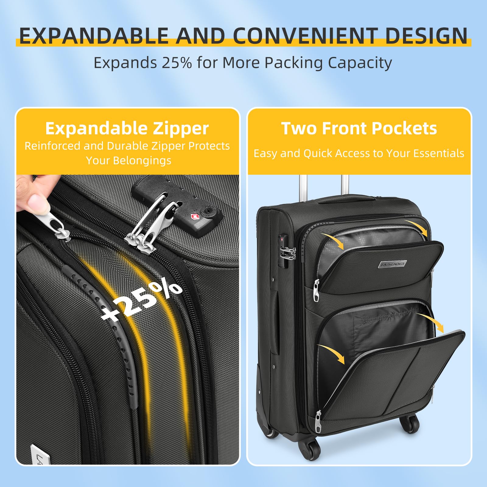 5-Piece Lavender Softside Expandable Luggage Set with Spinner Wheels & TSA Lock - Lightweight Rolling Suitcases for Men & Women (Grey) - Perfect for Family Vacations, Business Trips & International Travel