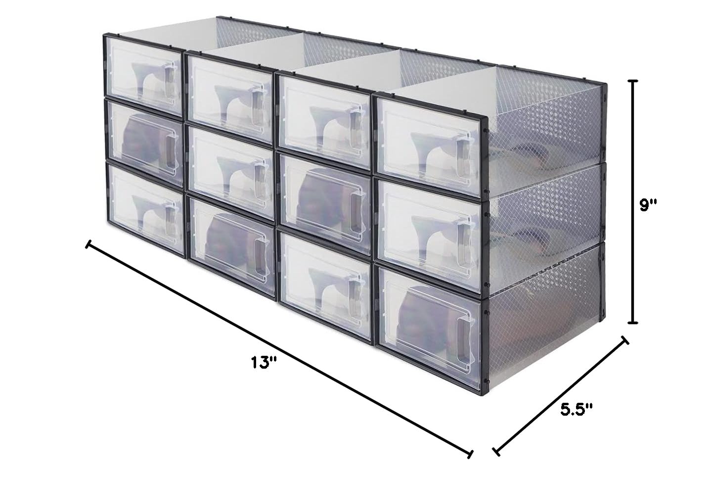Clear Stackable Plastic Shoe Storage Boxes - Pack of 12 (Transparent Black) | Organize Sneakers, Boots & Accessories | Perfect for Closet, Underbed & Dorm Room Organization