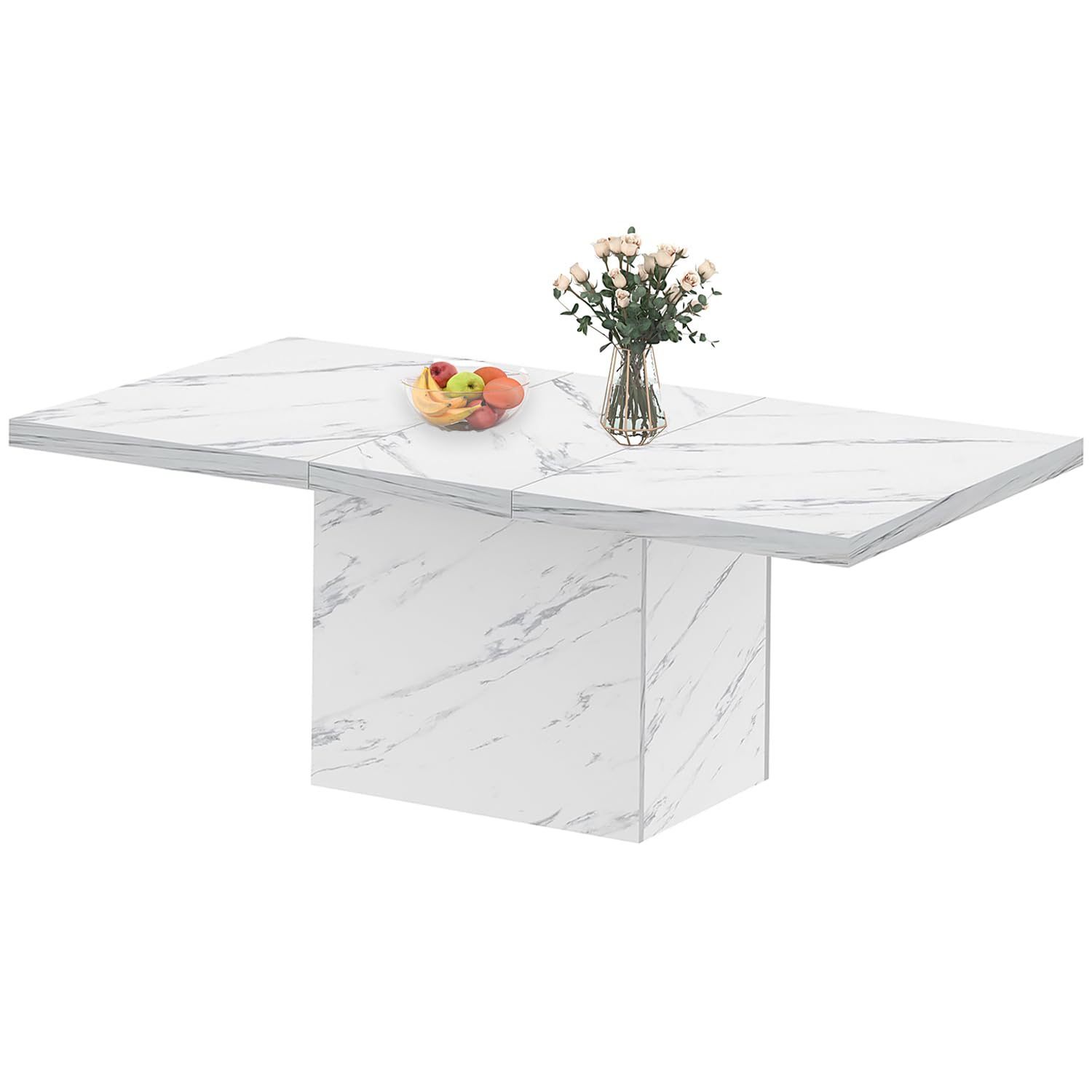 HSH White Faux Marble Dining Table - 63 Inch Modern Farmhouse Style Kitchen Table for 6 People, Sturdy Wood Base with Pedestal Support, Rectangle Design for Dining Room & Living Room | Perfect for Family Gatherings, Dinner Parties & Home Decor