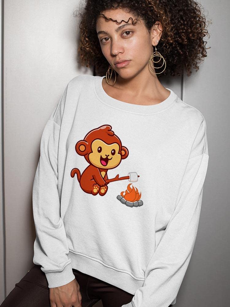 Smartprints Monkey Roasting Marshmallows Sweatshirt for Women | Cute & Cozy Pullover | Perfect for Camping, Outdoor Adventures & Casual Wear - SPIdeals Designs