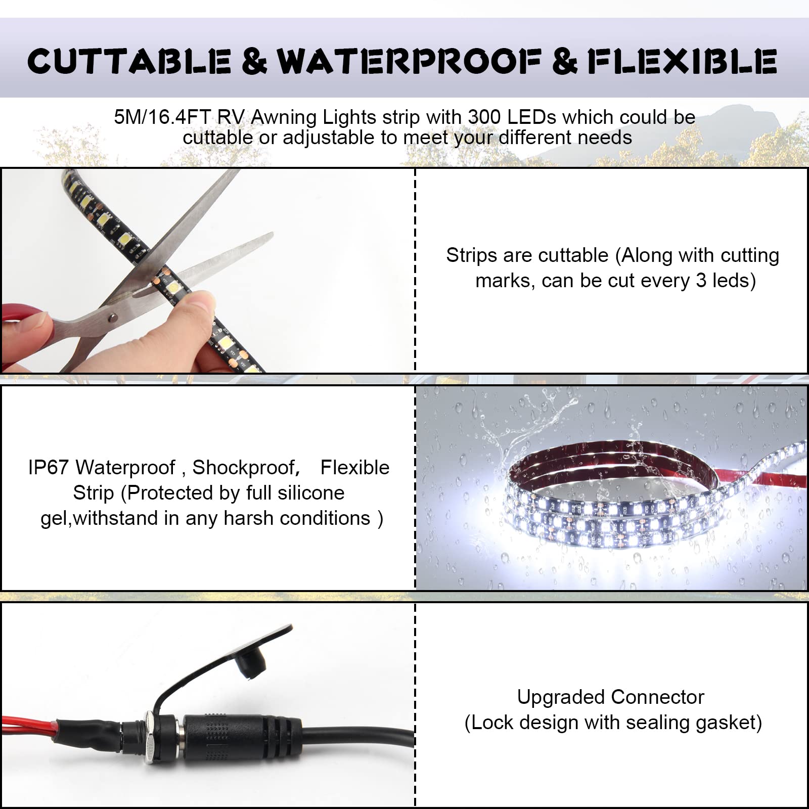 16.4FT RV LED Awning Party Light Strip - 5M Waterproof 12V DC White Exterior Lighting for RV Camper Motorhome Travel Trailer - Perfect for Outdoor Camping, Backyard Parties & Nighttime Decoration