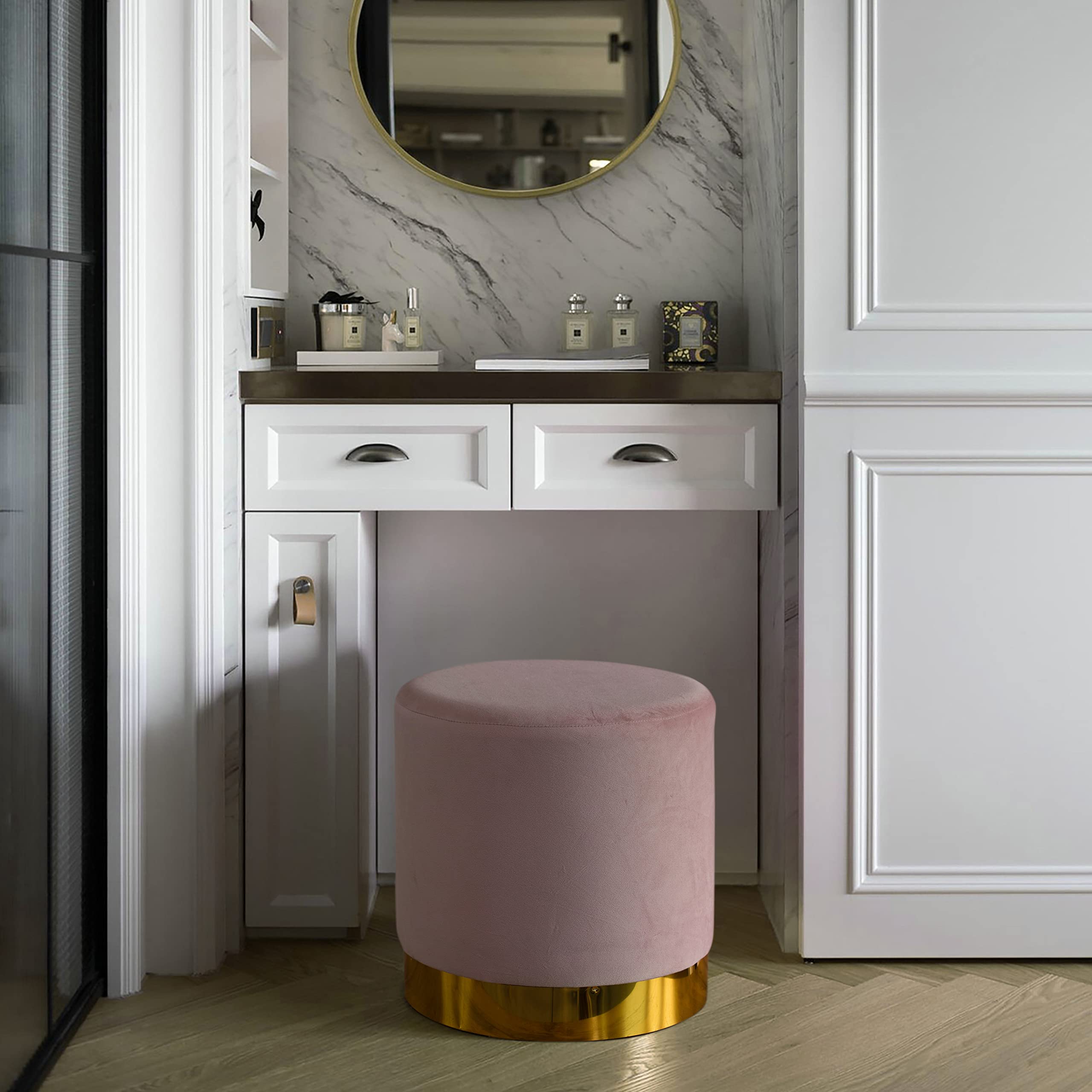Modern Round Velvet Ottoman Stool with Gold Metal Base - Pink Velvet Footstool, Accent Chair, Bedroom Bench | Perfect for Living Room, Bedroom & Nursery Decor