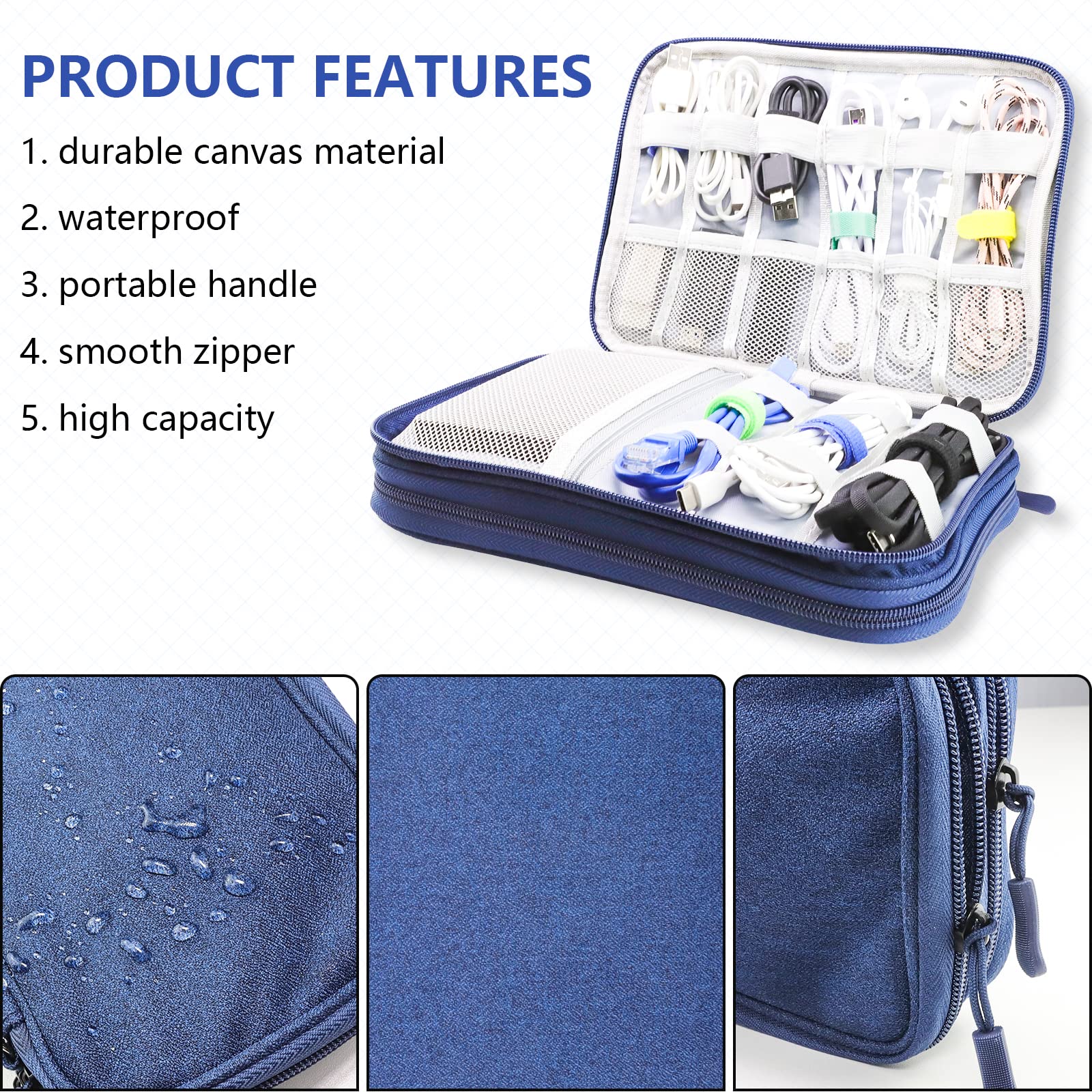 Teskyer Waterproof Cable Organizer Bag - Portable Travel Storage for Cables, Chargers, Earphones - Navy Blue (9.6x6.9