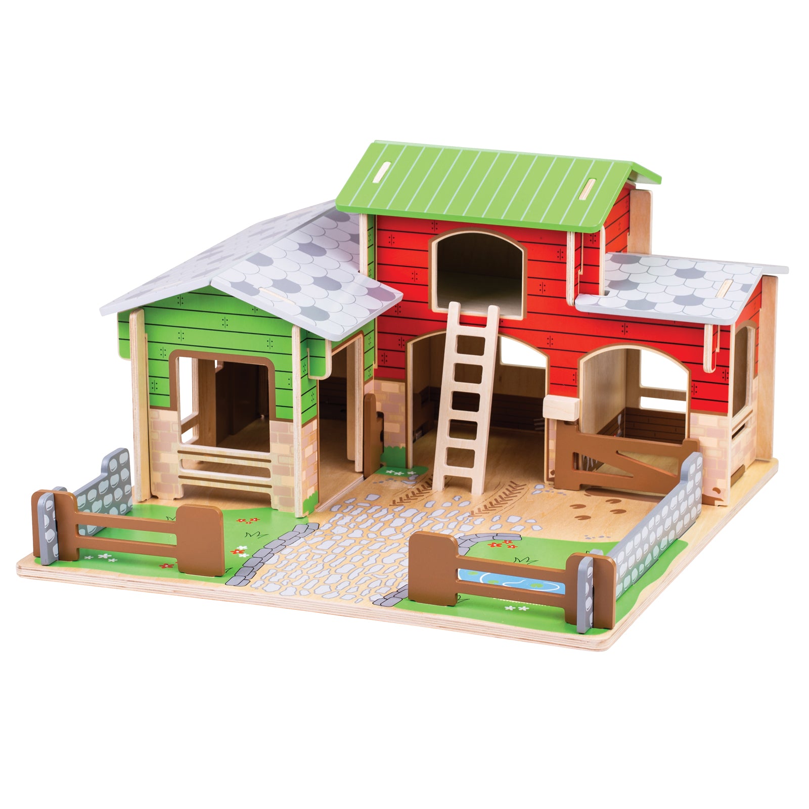 Bigjigs Toys Cobblestone Farm Playset - Interactive Wooden Farm Set with Animals & Barn for Kids - Pretend Play, Educational Toy for Toddlers & Preschoolers (Indoor/Outdoor Use)