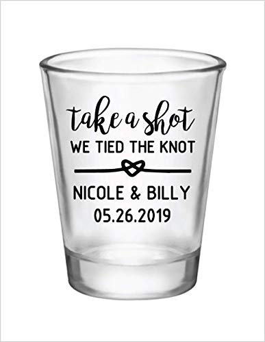 Custom Wedding Shot Glasses Bulk - Personalized 'Take a Shot We Tied The Knot' Favors for Guests - Unique Wedding Party Gifts - Perfect for Bridal Showers, Receptions & Anniversary Celebrations