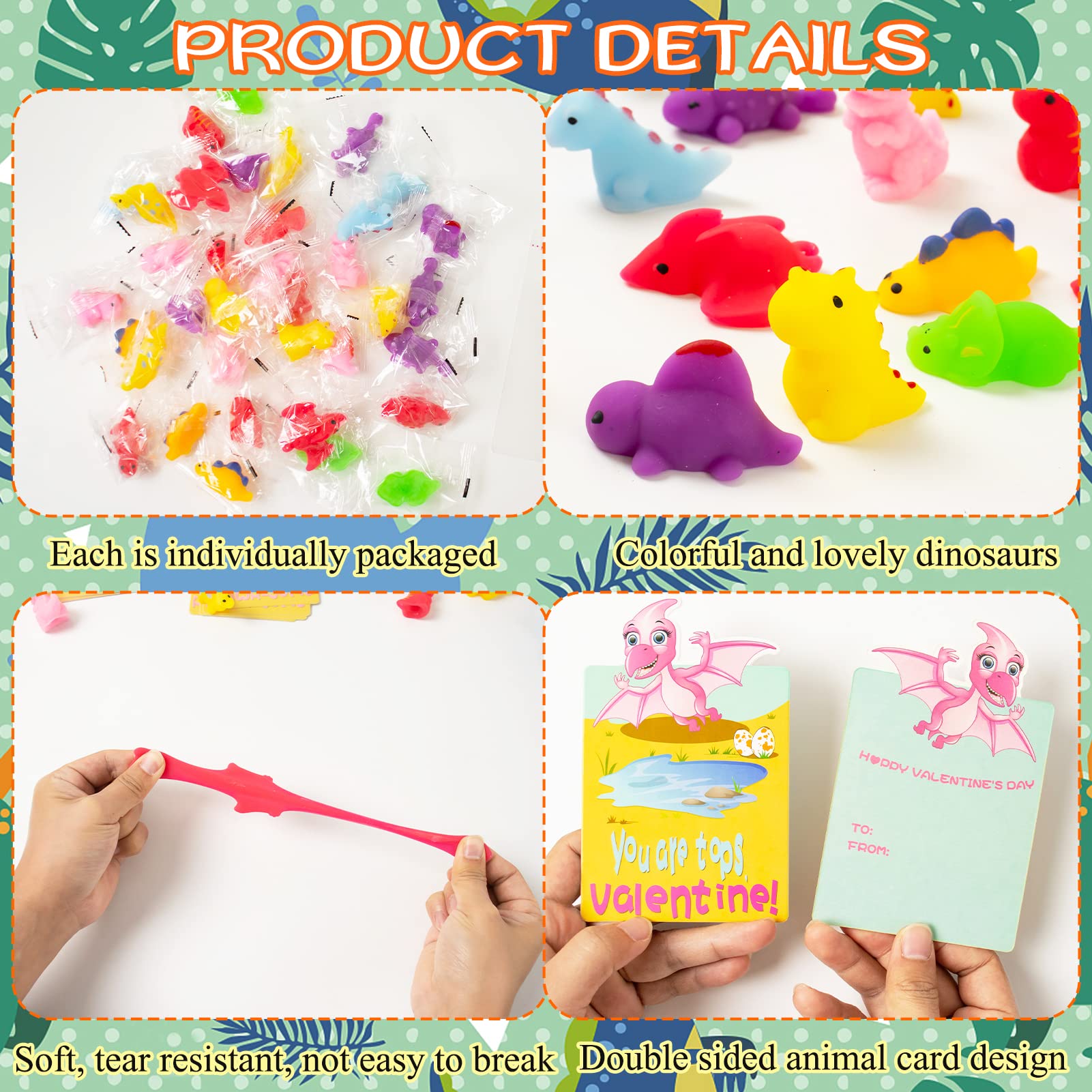Valentine's Day Cards with Dinosaur Mochi Squishy Toys - 36pcs Classroom Exchange Gifts for Kids | School Party Favors, Valentine's Party Supplies, Classroom Activities & Friendship Gifts