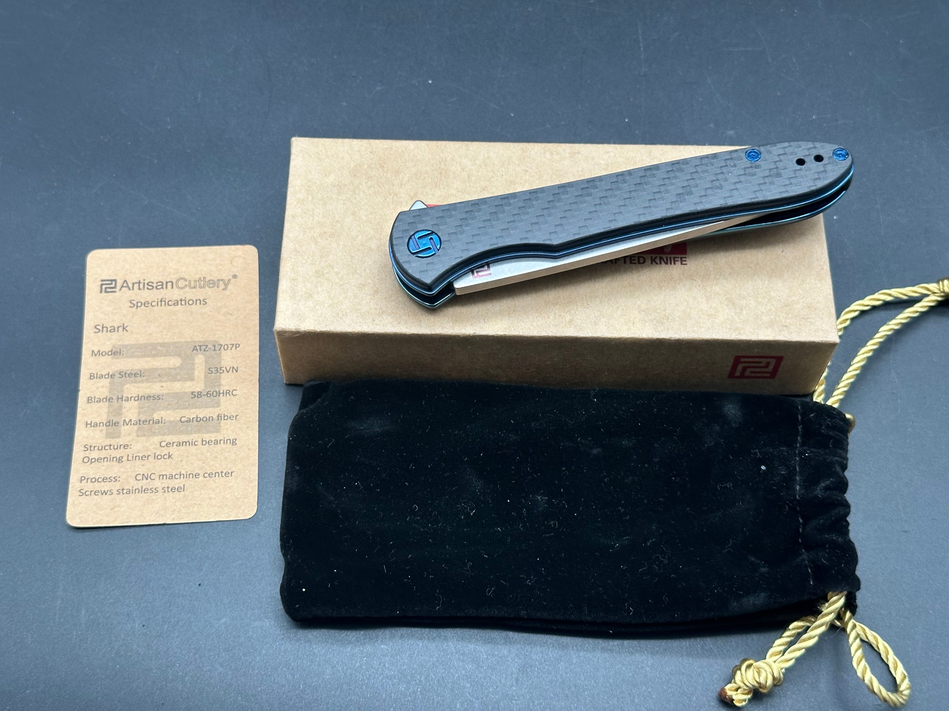 Artisan Cutlery Shark 1707P Folding Knife - Premium S35VN Steel Blade (Upgraded from D2), Carbon Fiber Handle - EDC, Camping, Survival & Outdoor Activities