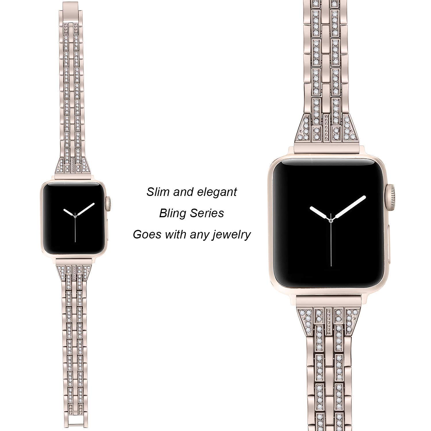 BestMin Bling Replacement Band Compatible with Apple Watch 38mm 40mm 42mm 44mm - Sparkling Women's Wrist Strap for Apple Watch SE, Series 6/5/4/3/2/1 - Champagne Gold - Perfect for Workouts, Parties & Everyday Wear