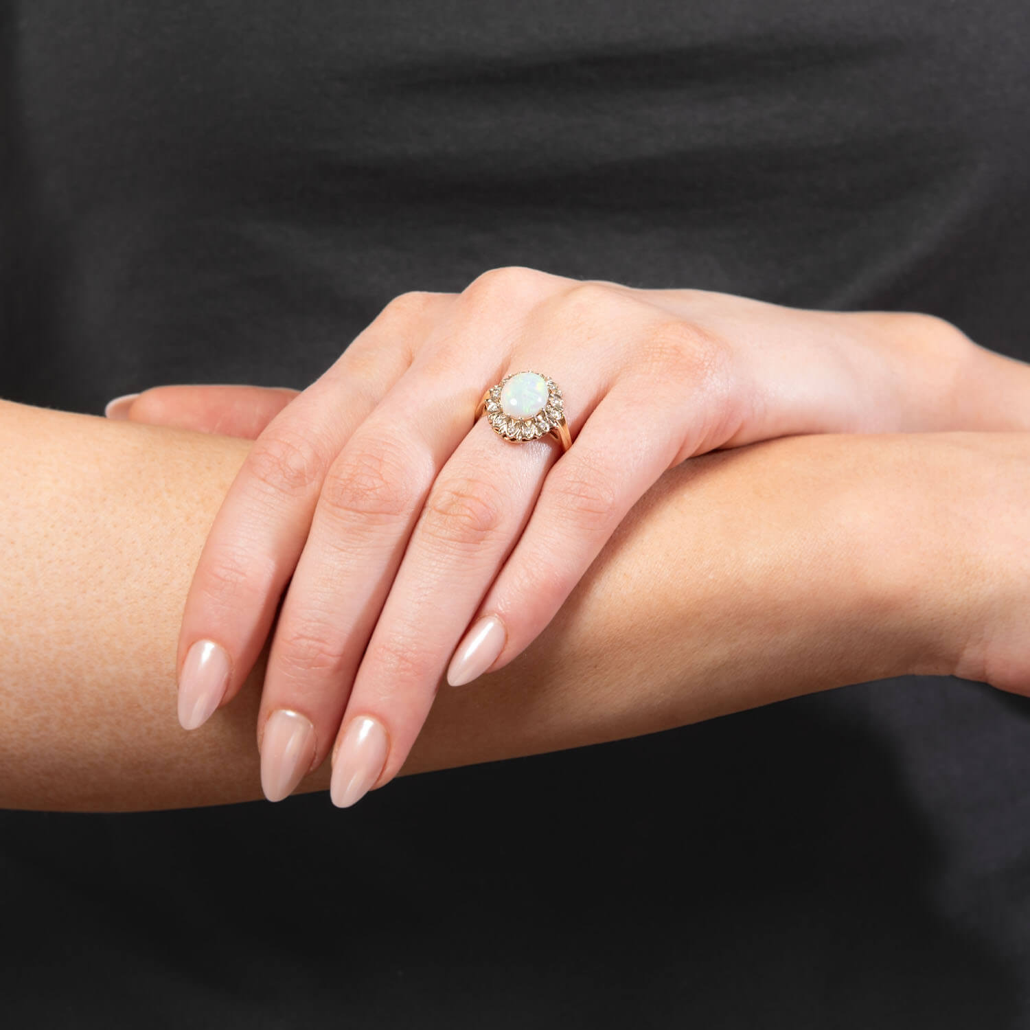 Vintage 14K Gold Opal and Diamond Halo Ring - Elegant Engagement, Wedding, Anniversary Jewelry Gift for Women