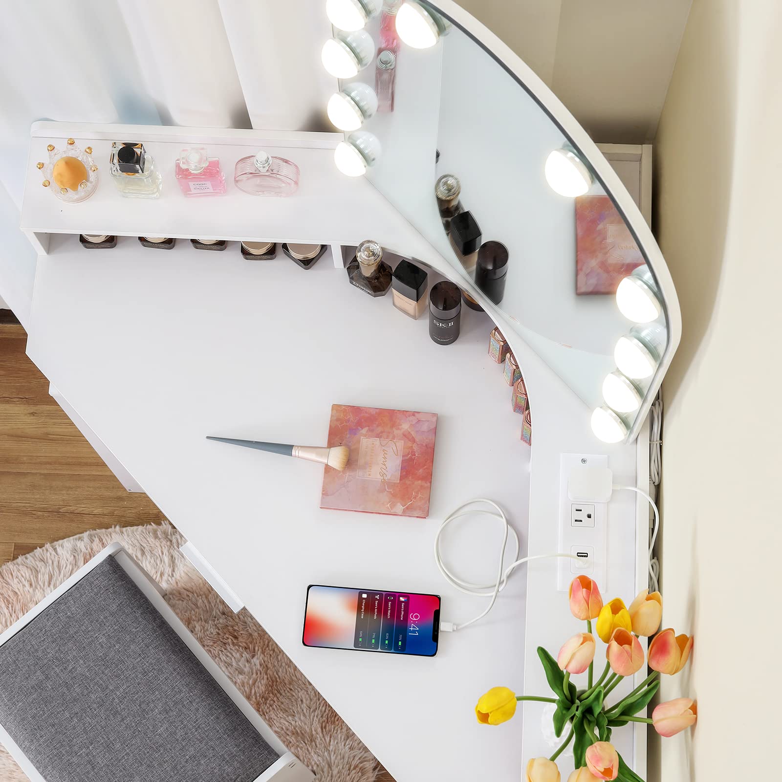 White Vanity Desk with Mirror, Lights & Charging Station - 3 Drawers, Retractable Cabinets & Cushioned Stool - Makeup Dressing Table for Bedroom, Home Office & Christmas Gifts