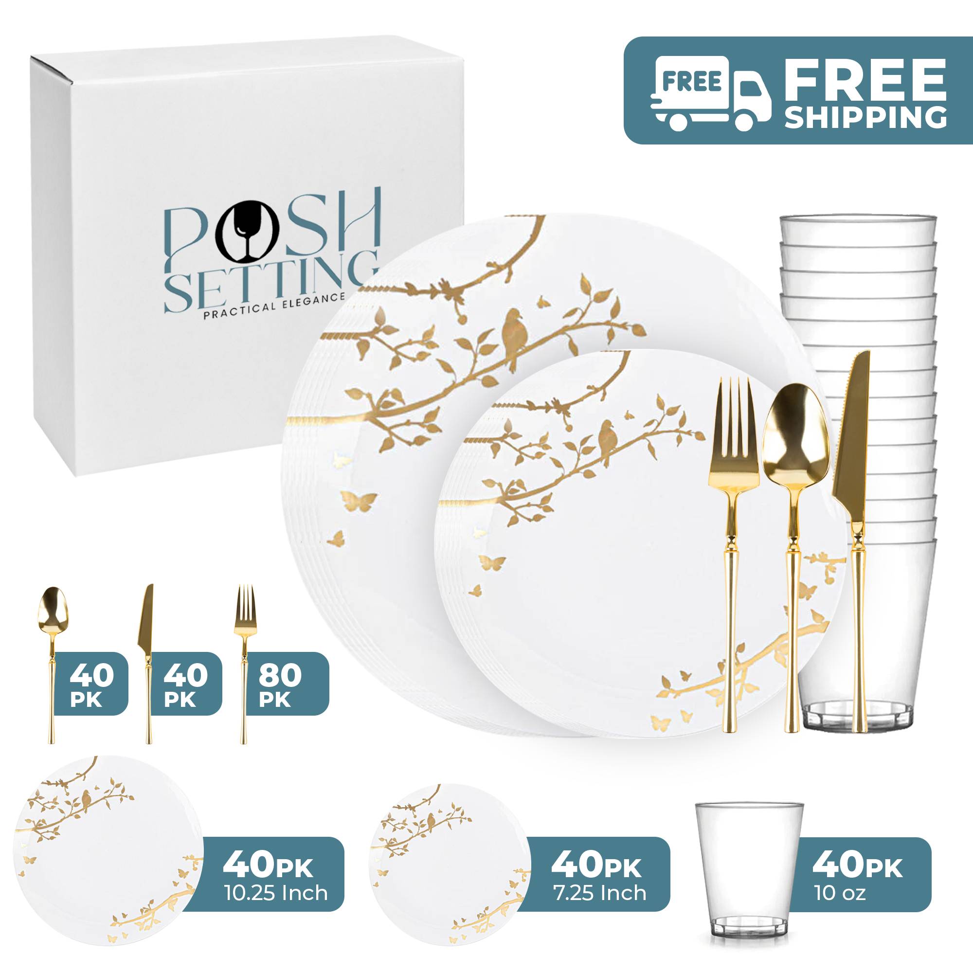 White and Gold Plastic Party Bundle - Spring Party Decorations for Easter, Baby Showers, Birthdays & Events - Elegant Tableware Set for Festive Celebrations