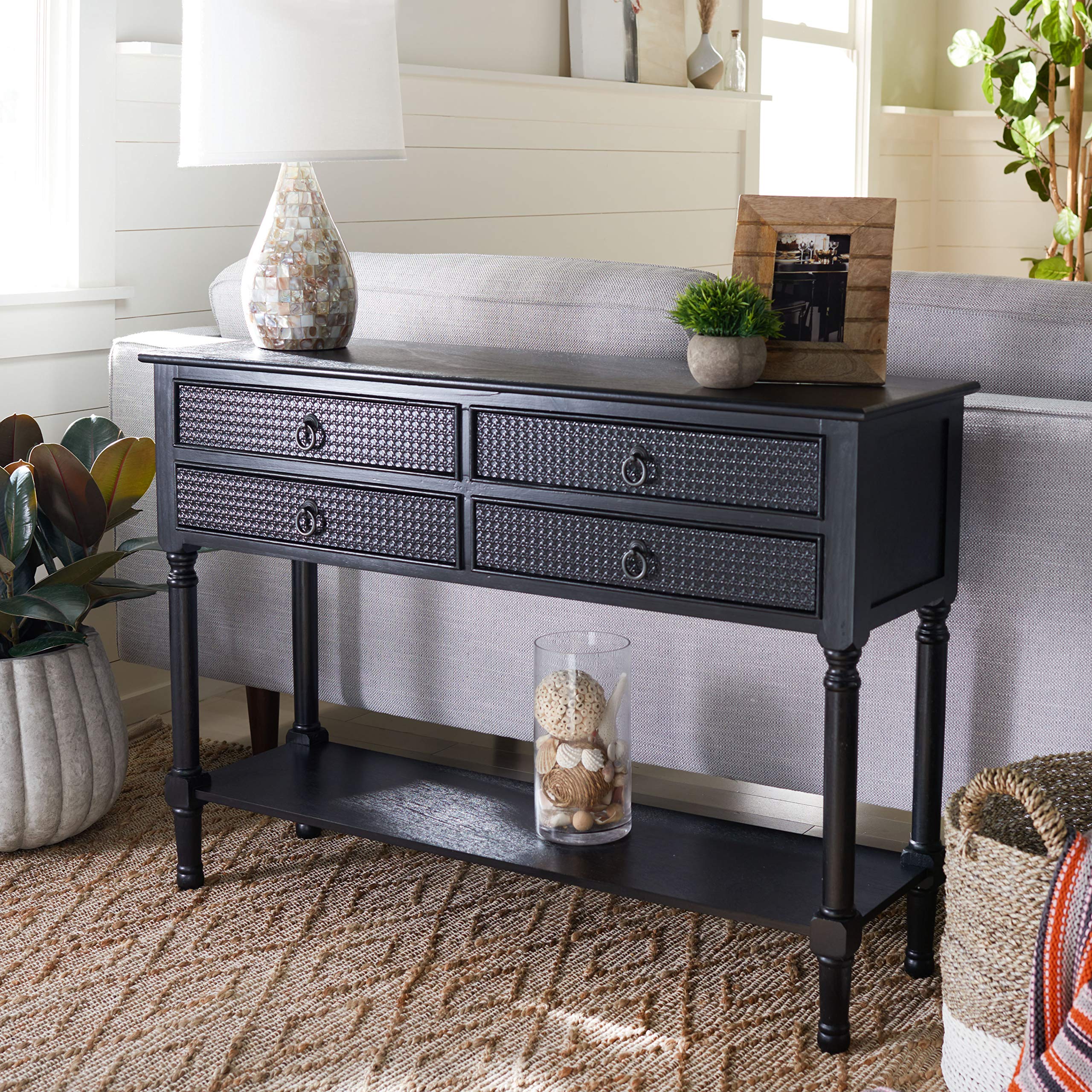 Safavieh Haines Black 4-Drawer Console Table with Bottom Shelf - Modern Entryway Furniture for Living Room, Hallway & Foyer Decor