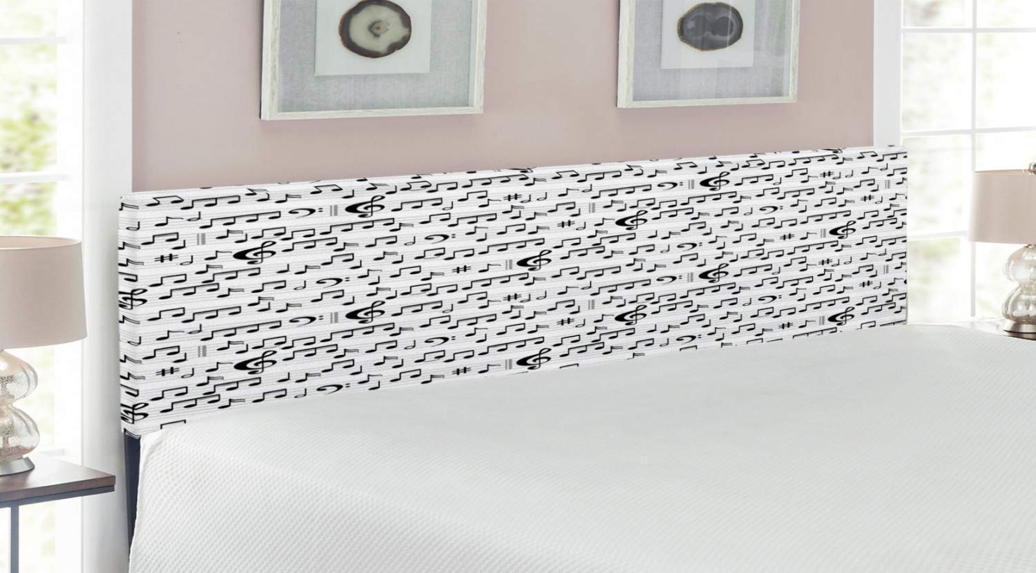 Ambesonne Music Headboard - Abstract Musical Notes & Clef Print Upholstered King Size Bed Headboard with Memory Foam | Black & White Design for Bedroom Decor | Perfect for Musicians, Music Lovers & Modern Home Interiors