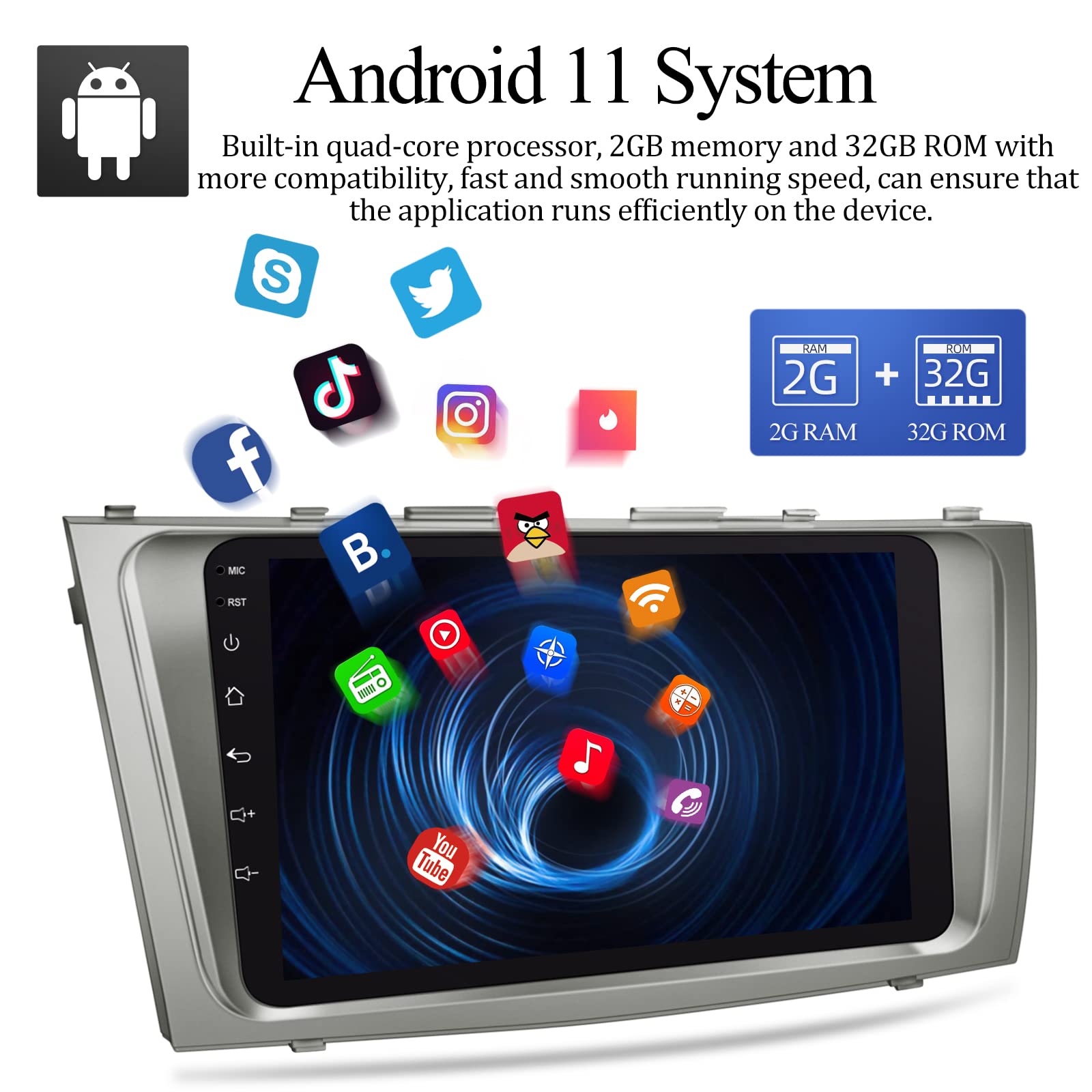 NHOPEEW 9 Inch Android 13 Car Stereo for Toyota Camry 2007-2011 | 2GB RAM 32GB ROM | Wireless Apple CarPlay & Android Auto | GPS Navigation, Bluetooth, WiFi | HD Touchscreen with Backup Camera & Mic - Perfect for Commuting, Road Trips & Hands-Free Driving