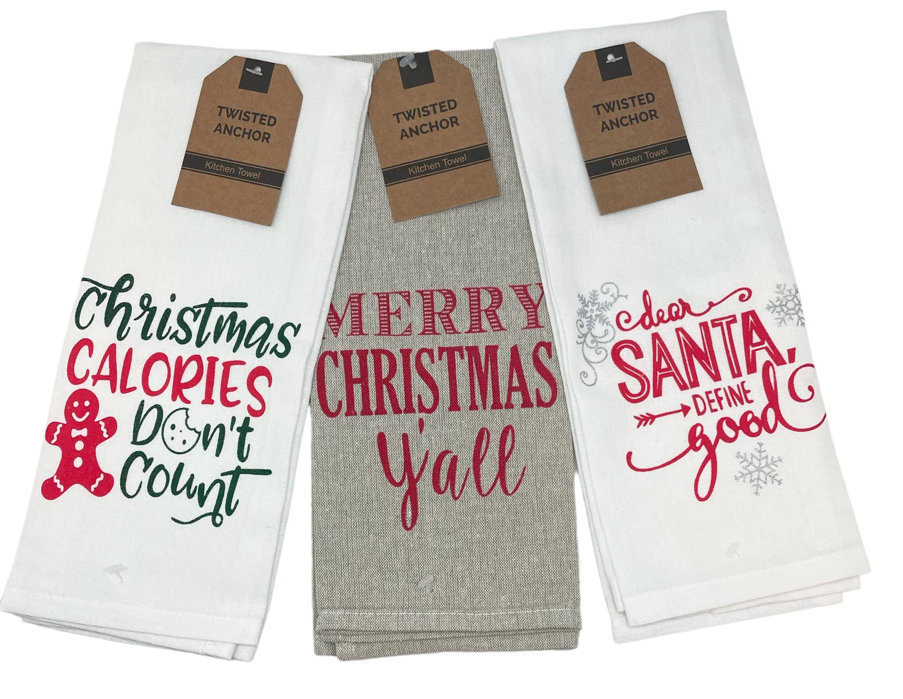 3 Pack Christmas Kitchen Towels - White & Beige Linen for Holiday Gifting