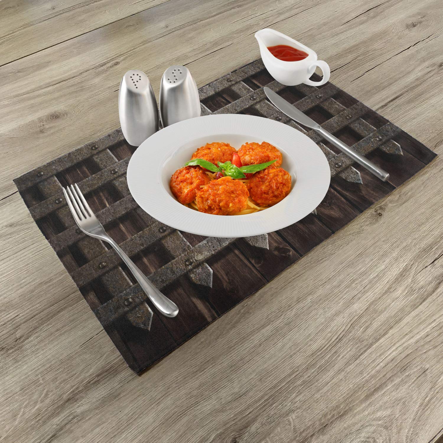 Lunarable Medieval Place Mats Set of 4 - Wooden Castle Wall & Gate Greek Style Mid-Century Art Print - Washable Fabric Dining Table Mats - Standard Size Dimgrey - Perfect for Medieval Theme Dinners & Greek Decor