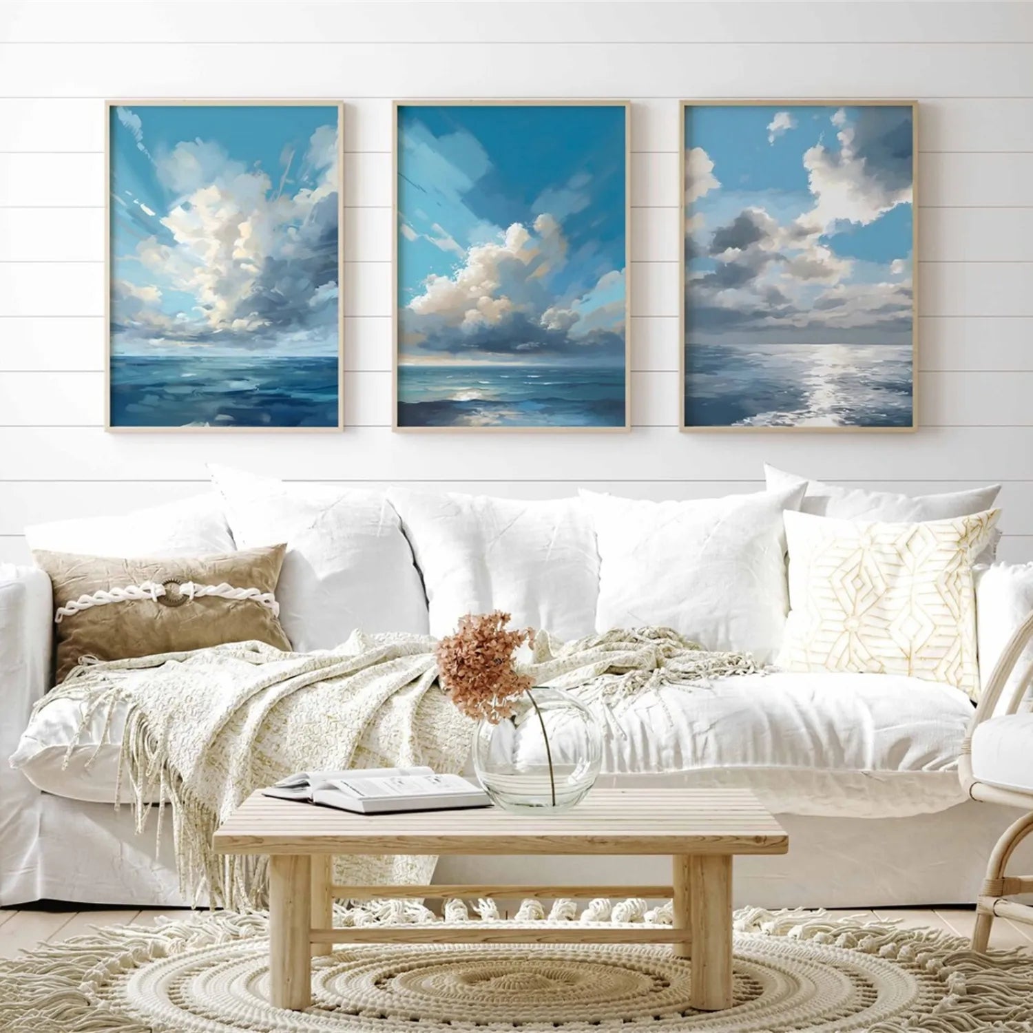 Ocean and Sky Painting Set of 3 - Coastal Wall Art for Living Room, Bedroom & Office Decor | Modern Abstract Seascape Canvas Prints (OS 214)